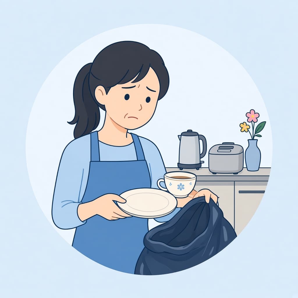 まだ使える食器をごみ袋に入れるのをためらう女性